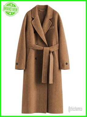Wool Blend Pea Coat Double Breasted Belted Trench Coat Fall Winter
